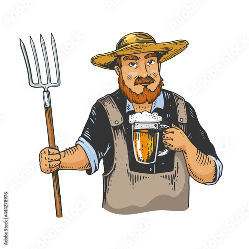 farmer drinks beer color line art sketch engraving vector illustration. T-shirt apparel print design. Scratch board imitation. Black and white hand drawn image.