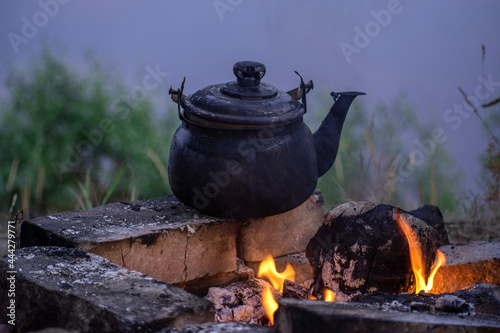 metal kettle on an open fire