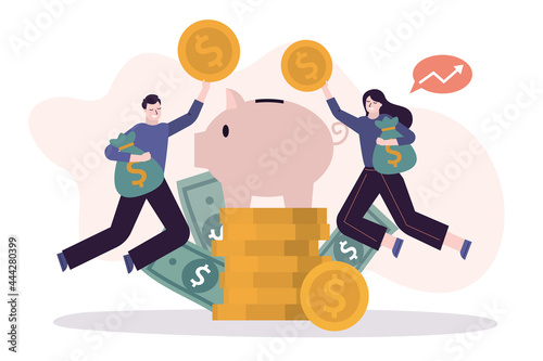 Business people invest or save money. Characters toss gold coins into large piggy bank. Investors successfully invest in new project or startup. Teamwork,