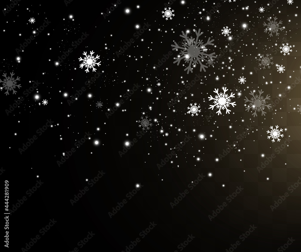 Vector illustration of flying snow on a transparent background.Natural phenomenon of snowfall or blizzard.