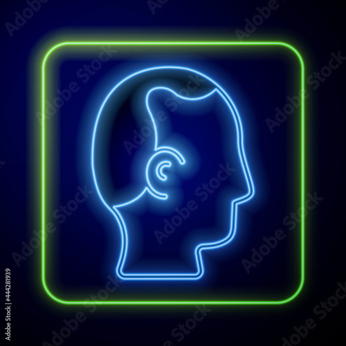Glowing neon Baldness icon isolated on blue background. Alopecia. Vector