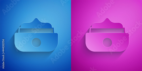 Paper cut Gel or wax for hair styling icon isolated on blue and purple background. Hair cosmetic. Jar with product for styling hair and mustache. Paper art style. Vector