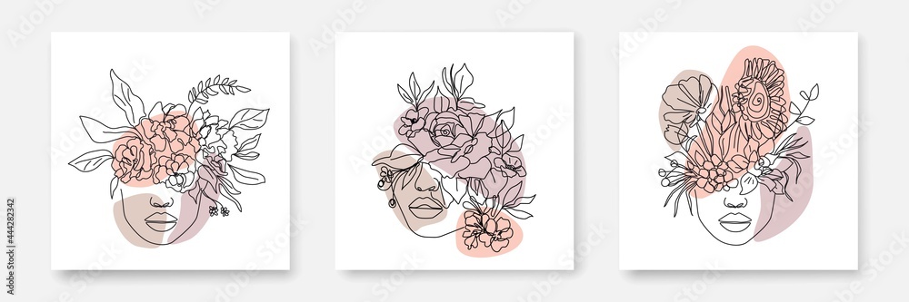 Beauty Woman Face In Flowers Line Art Drawing Set. Woman Head with ...