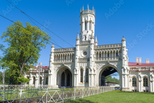 The old building of the railway station of the New Peterhof station on a sunny May day. Suburbs of St. Petersburg