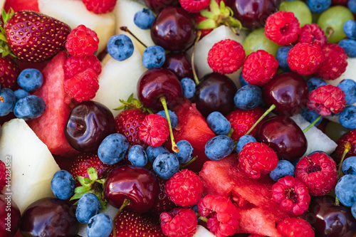 Fototapeta Naklejka Na Ścianę i Meble -  assorted fruits and berries - summer harvest. delicious dessert