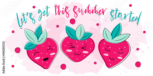 Cartoon funny strawberry character with summer lettering quotes. With watercolor vector brush shapes. Juice spots. Printable card. Good for prints, children products.