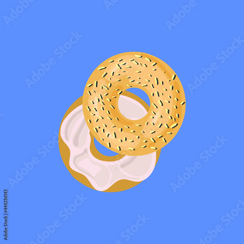 Vector Spread  Bagel, Cut in Half Donut on Light Blue Background, Sweet Food.
