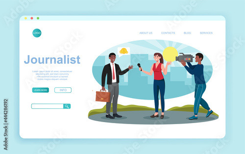 Female journalistis making interview for news with cameraman filming