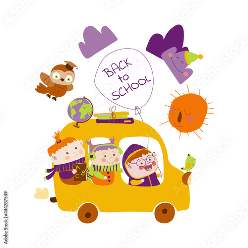 Happy friends ride the yellow bus to school. Back to schooll.  Vector illustration in cartoon style on white background. Hand drawn. Isolate. For printing postcards  posters  flyers. For web design.
