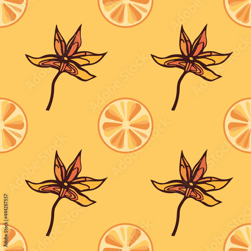 seamless pattern orange orange slices and stars anise vector