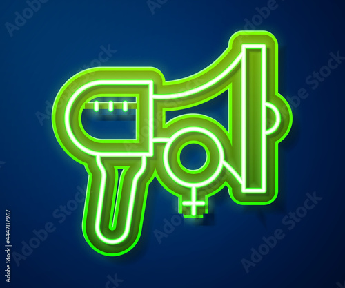 Glowing neon line Female movement, feminist activist with banner and placards icon isolated on blue background. Feminist rights movement, feminism sisterhood. Vector