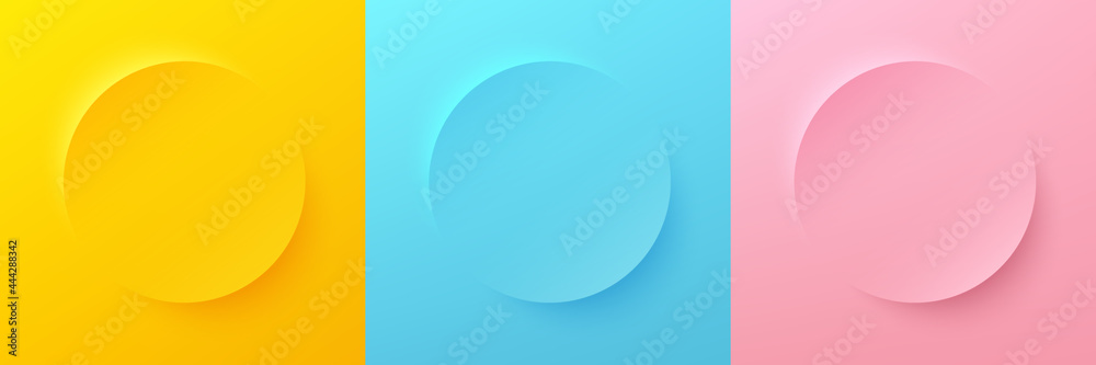 Set of abstract 3d bright yellow, blue and pink pastel color circle frame design for cosmetic product. Collection of minimal geometric background with copy space. Top view scene. Vector EPS10 Set of abstract 3d bright yellow, blue and pink pastel color circle frame design for cosmetic product. Collection of minimal geometric background with copy space. Top view scene. Vector EPS10