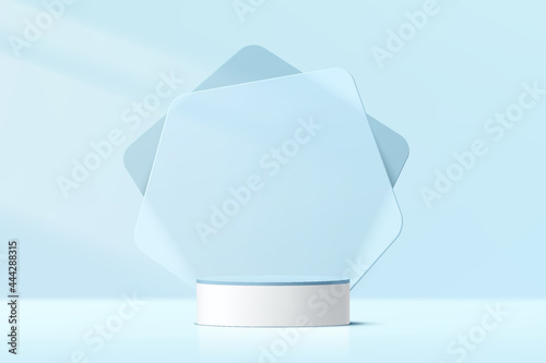 Abstract 3D white cylinder pedestal podium with blue glass geometric shape backdrop and lighting. Pastel blue minimal wall scene for product display presentation. Vector rendering platform design.