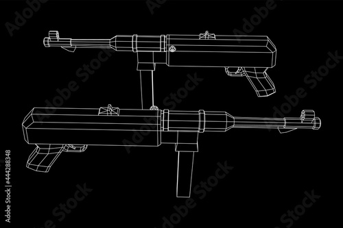 Submachine gun german MP 40 world war 2 firearms pistol. Wireframe low poly mesh vector illustration.