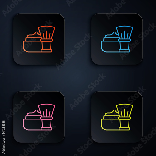 Color neon line Shaving brush with foam icon isolated on black background. Barbershop symbol. Set icons in square buttons. Vector