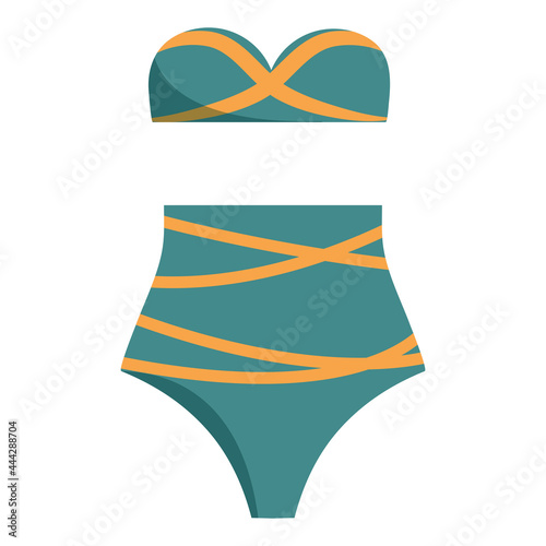 Vector illustration of retro woman swimwear in blue and yellow colors. Bikini swimsuit summer clothes in cartoon flat style