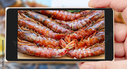 Prawn on smartphone screen.Tiger chrimp. Selling seafood in a supermarket. Delicious gourmet shrimp for the festive table. photo