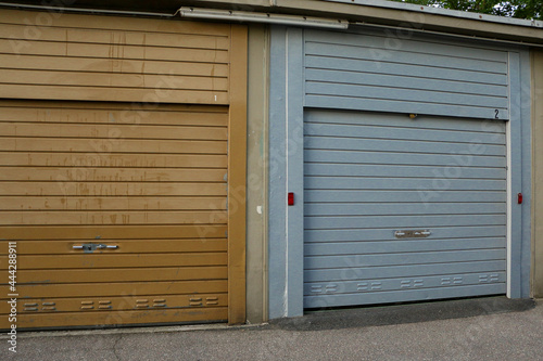 old closed metallic garages in a row