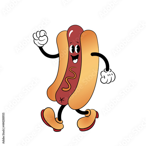 Hot Dog cartoon mascot character. Food concept.  Posters, menus, brochures, web, and icon fast food.