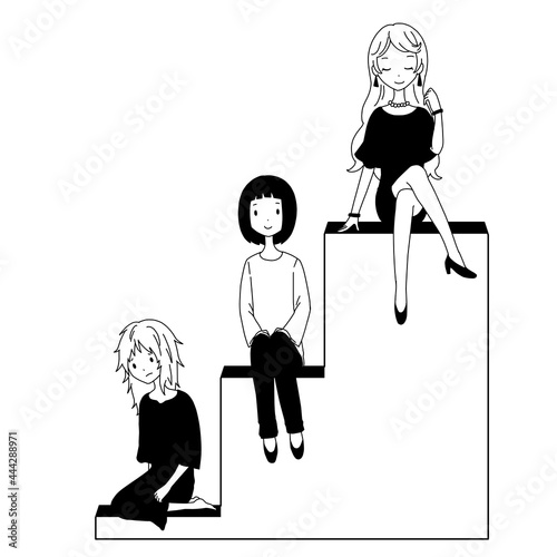 白黒の富裕層、中間層、貧困層の女性の格差イメージの素材