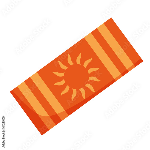 Vector illustration of retro beach towel in cartoon flat style. Summer accessory, mat with sun print in orange and red colors