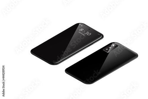Vector illustration isometric smartphone with mirror reflection isolated on white background Mock up phone screen for product display or creation of advertising media in isometric design