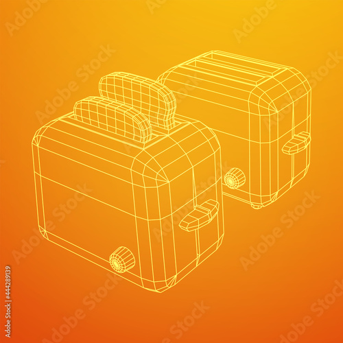 Toaster with two fried pieces of loaf prepared for a breakfast. Wireframe low poly mesh vector illustration.