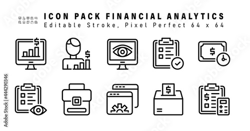 Icon Set of Financial Analysis Line Icons. Contains such Icons as Time Is Money, Monitoring, Business Case, Website Settings etc. Editable Stroke. 64 x 64 Pixel Perfect
