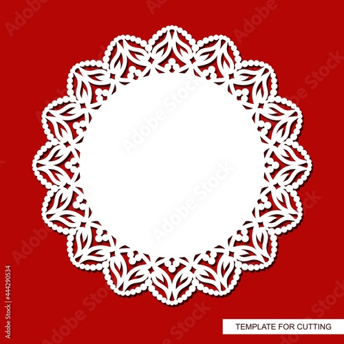 Decorative round panel with lace edge. Floral ornament and empty space in the center for text. Vector layout for plotter laser cutting of paper, plywood, metal, wood.