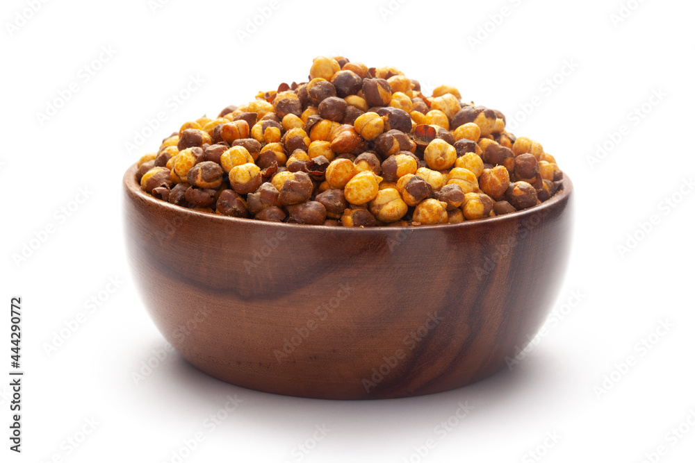 Close-Up of Crunchy Roasted Chana Masala In hand-made (handcrafted) wooden bowl, made with Bengal Grams or Chickpeas. Indian spicy snacks (Namkeen), Close-Up of Crunchy Roasted Chana Masala In hand-made (handcrafted) wooden bowl, made with Bengal Grams or Chickpeas. Indian spicy snacks (Namkeen),
