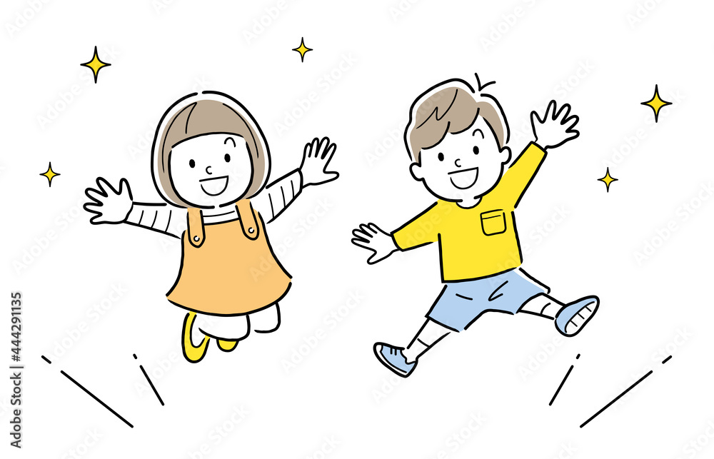 ベクターイラスト素材 ジャンプする子供 男の子と女の子 Stock Vector Adobe Stock