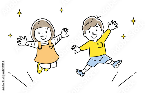 ベクターイラスト素材：ジャンプする子供、男の子と女の子
