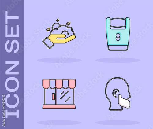 Set Mustache and beard, Shaving foam on hand, Barbershop building and Electric razor blade icon. Vector
