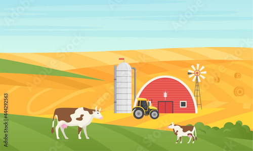 Eco village countryside rural landscape vector illustration. Cartoon cow animals grazing on green meadow, house barn, farm tractor and grain silo tank storage tower on farmland fields background
