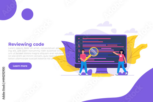Reviewing code, software review testing, team solving errors and bugs concept. Vector illustration.