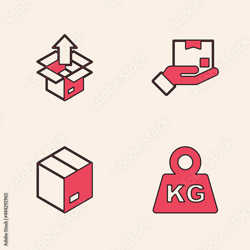 Set Weight, Unboxing, Delivery hand with and Carton cardboard icon. Vector