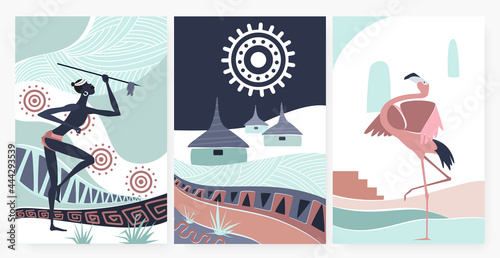 African village, traditional ethnic pattern ornament in wall art decor vector illustration. Cartoon flamingo, aboriginal tribe people holding spear, native folk hut houses in african wallpaper set