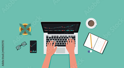 top view of human hand using laptop computer trading forex, cryptocurrency, stock with financial chart to buy and sell for exchange market concept, vector flat illustration