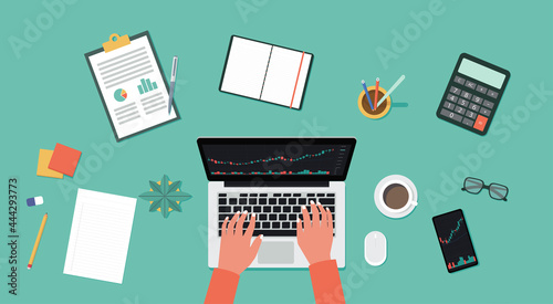 top view of human hand using laptop trading cryptocurrency, forex, stock with financial chart to buy and sell for exchange market concept, vector flat illustration