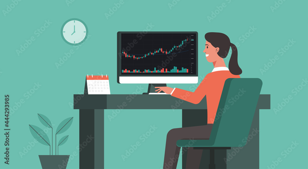 businesswoman using computer trading cryptocurrency, forex, stock with financial chart to buy and sell for exchange market concept, vector flat illustration