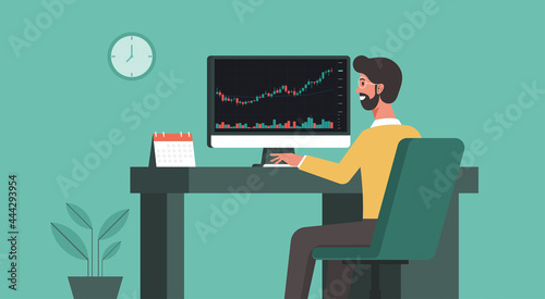 businessman using computer trading cryptocurrency, forex, stock with financial chart to buy and sell for exchange market concept, vector flat illustration