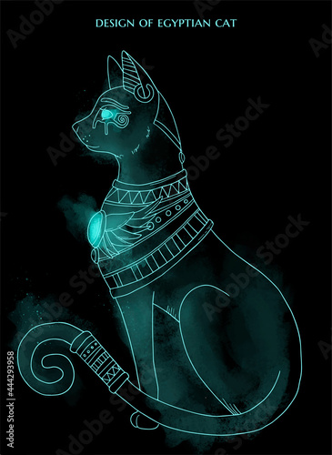 design of egyptian cat on black background with blue lighting smoke photo