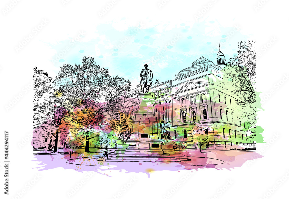 Building view with landmark of Indianapolis is the
city in Indiana. Watercolor splash with hand drawn sketch illustration in vector.