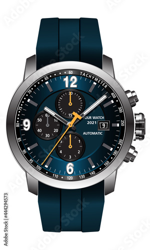 Realistic clock watch blue grey face yellow arrow white number on metal and rubber strap design modern luxury for men vector illustration.