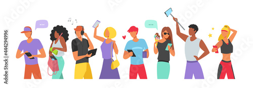 Men and women use smartphones to communicate. Phone as a source of information. Internet addiction. People and gadgets. Characters collection. Vector flat illustration