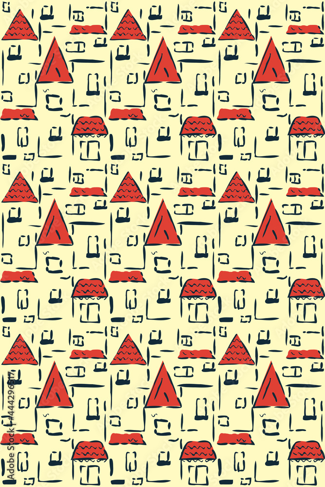 Urban landscape vector seamless pattern. City, sea resort with red roofs. Hand drawn sketch style illustration.