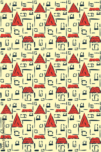 Urban landscape vector seamless pattern. City, sea resort with red roofs. Hand drawn sketch style illustration.