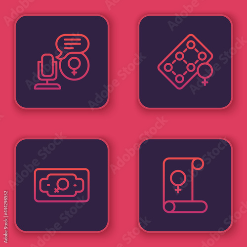 Set line Microphone, Money growth woman, Packaging of birth control pills and Feminism. Blue square button. Vector