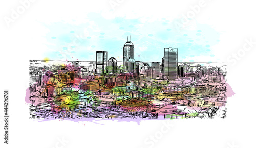 Building view with landmark of Indianapolis is the 
city in Indiana. Watercolor splash with hand drawn sketch illustration in vector.