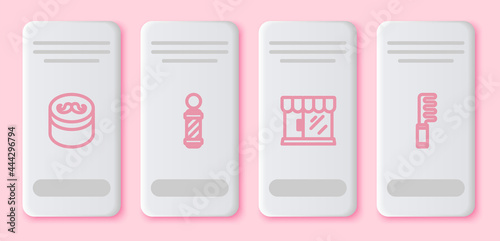 Set line Gel or wax for hair styling, Classic Barber shop pole, Barbershop building and Hairbrush. White rectangle button. Vector